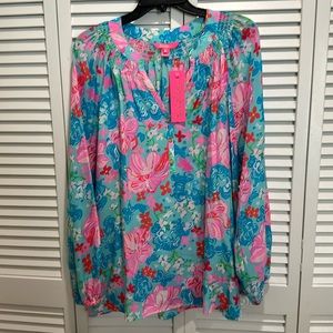 Lilly Pulitzer Surf Blue Lucious Lions XL NWT blouse Pink Blue florals